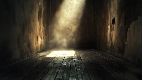 Empty wooden room with single window light shaft on floor.