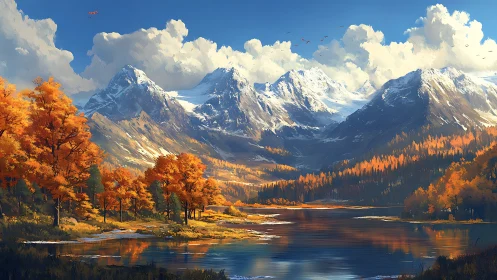 Golden autumn valley cradles snowy mountains and calm lake