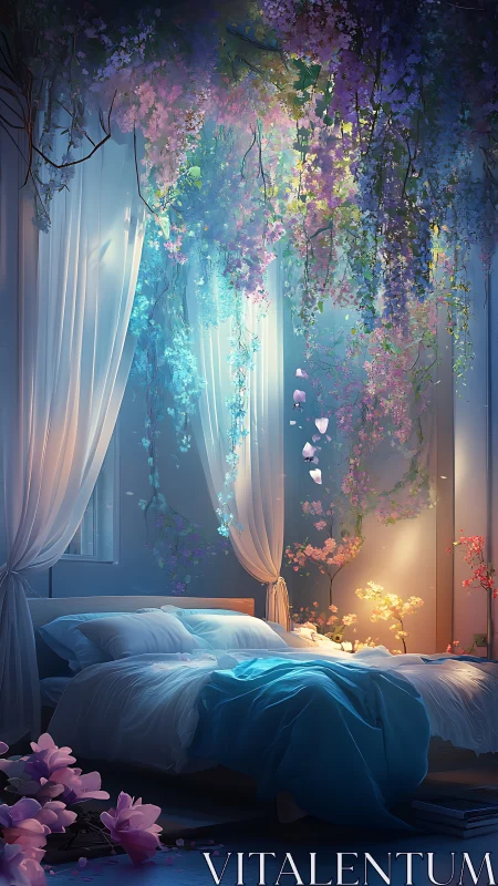 Dreamlike floral bedroom glows with ethereal twilight light.