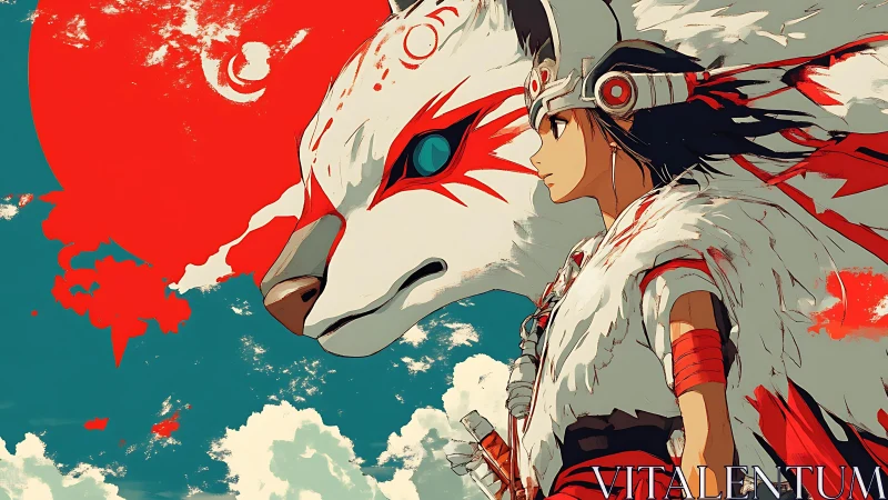Wolf-guarded warrior gazes into a crimson storming sky