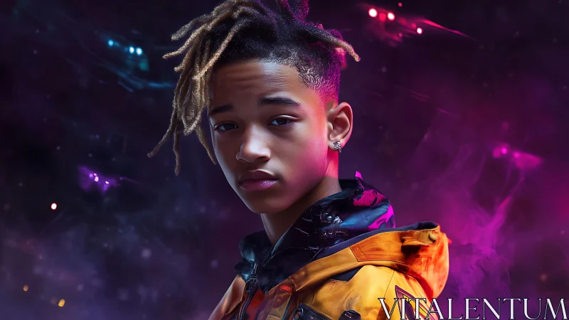 Young person in yellow jacket against neon vapor backdrop.