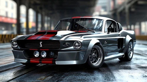 Rendered classic fastback car stands on wet urban street
