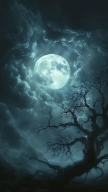 Full moon illuminates twisted tree silhouette against dense clouds
