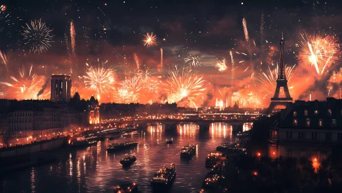 Paris riverfront erupts in radiant fireworks over city skyline.