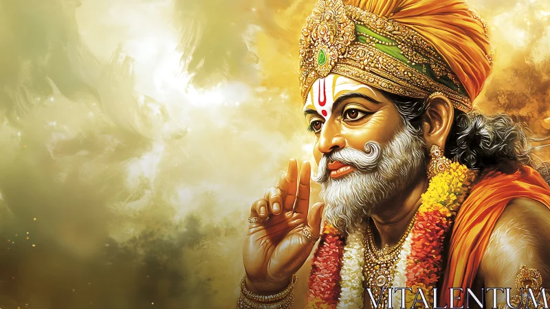 Digital painting portrait with ornate devotional regalia detail.