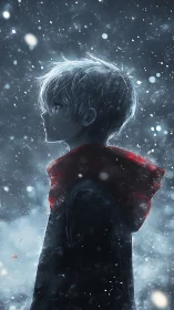 Boy in red scarf watches silent snowfall under night sky.