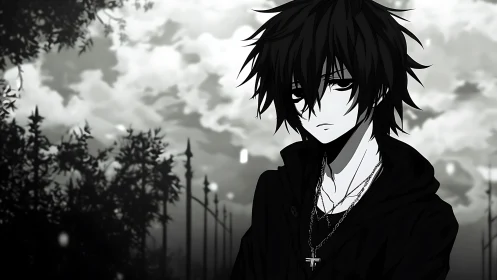 Monochrome anime boy before fence and overcast sky.