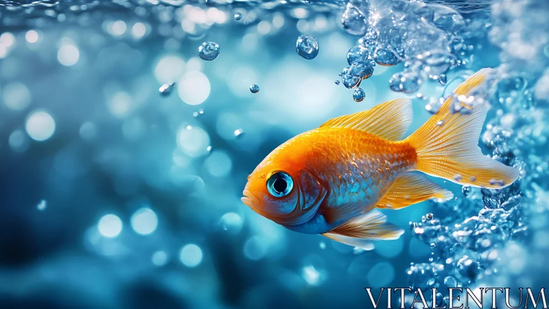 Bright orange goldfish swimming underwater among bubbles.