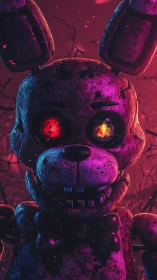 Rusted neon rabbit animatronic stares through burning twilight