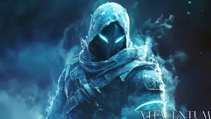 Frosty hooded warrior glowing in an icy blue storm.