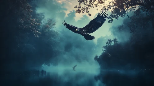 Majestic eagle soars over misty forest river at dawn