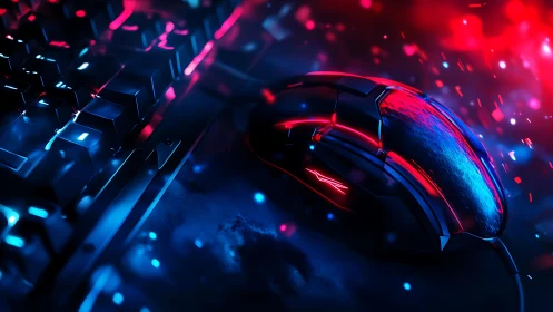 RGB gaming mouse and keyboard in neon red blue light.