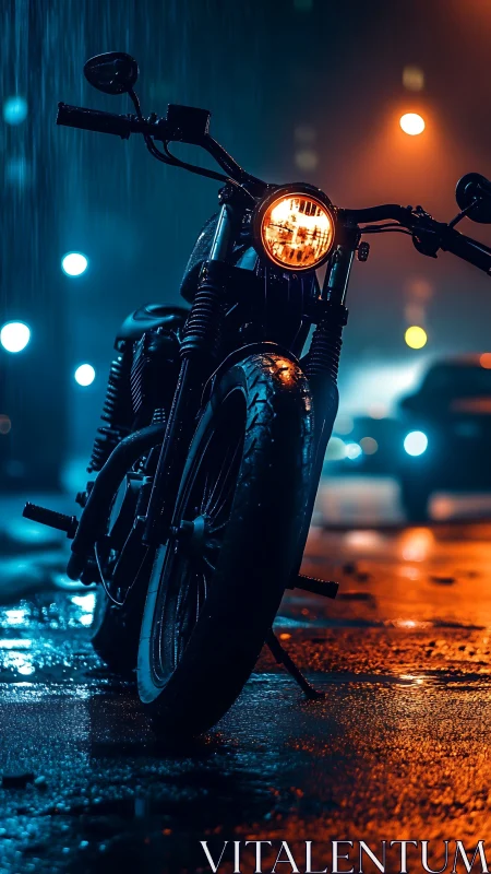 Moody city night ride with a lone motorcycle waiting.