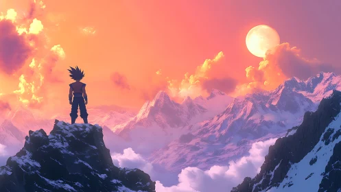 Anime hero silhouette against luminous alpine sunset panorama.