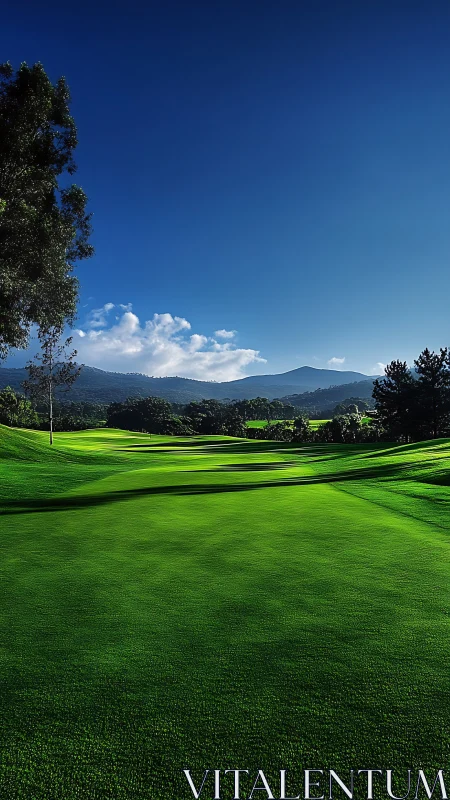 Sunlit golf fairway stretches toward distant blue mountains.