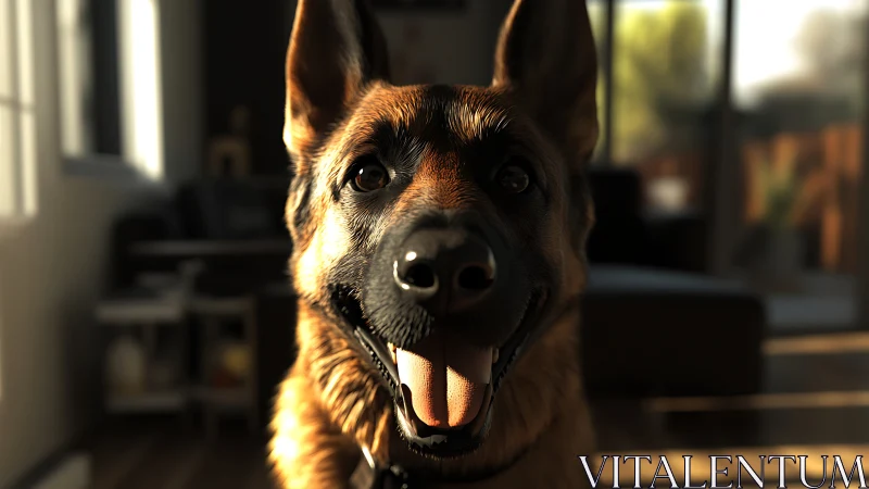 German Shepherd close-up in warm indoor sunlight.