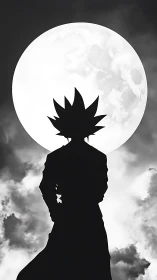 Backlit spiky silhouette against lunar disc in monochrome night.