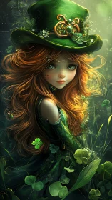 Fantasy digital portrait of Celtic fae girl in emerald hat.