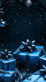 Midnight blue Christmas gifts with glitter bows under snow.