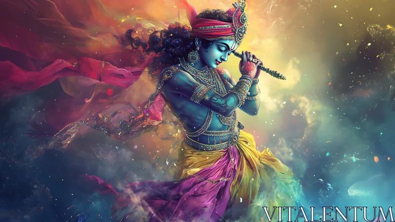 Mythic flutist in chromatic nebula with dynamic cloth physics.