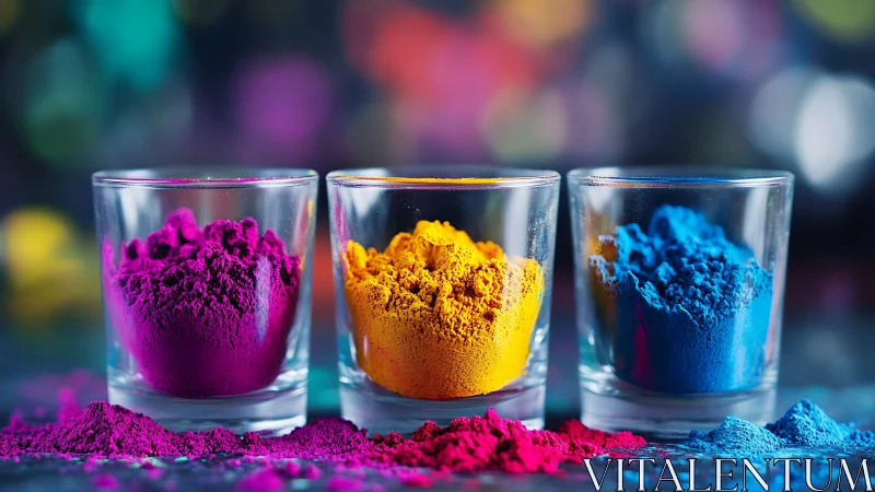 Photorealistic triadic pigment glasses in shallow depth of field.