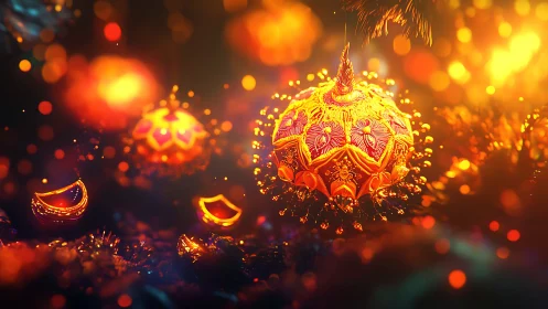 Glowing festive ornament with vivid bokeh lights detail.