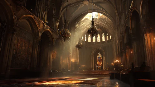 Gothic cathedral interior with golden light and altar focus.