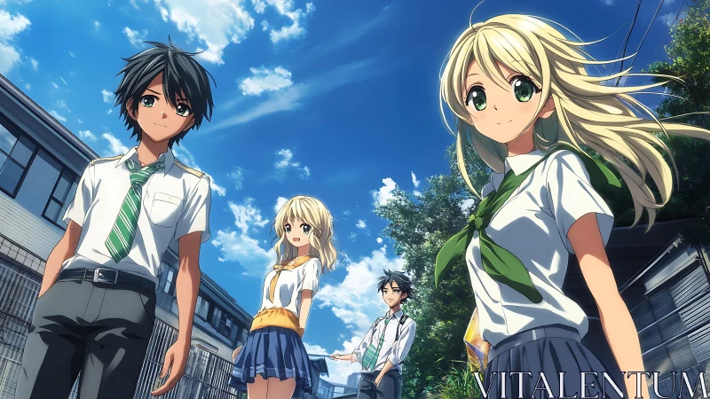 Summer high school friends under vibrant blue sky perspective