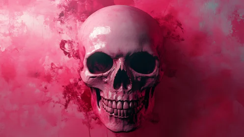 Pink skull emerges from vivid abstract smoke background.