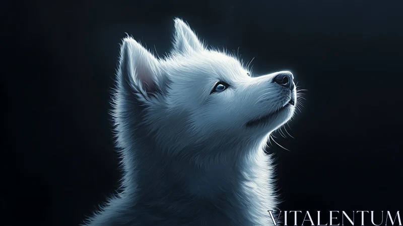 White husky puppy gazes upward under cool rim lighting