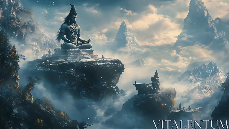 Large meditative statue on isolated rock amid clouded peaks.