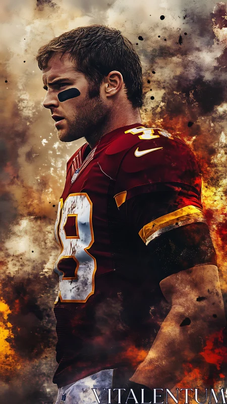Fiery football player stands focused in dramatic smoky light