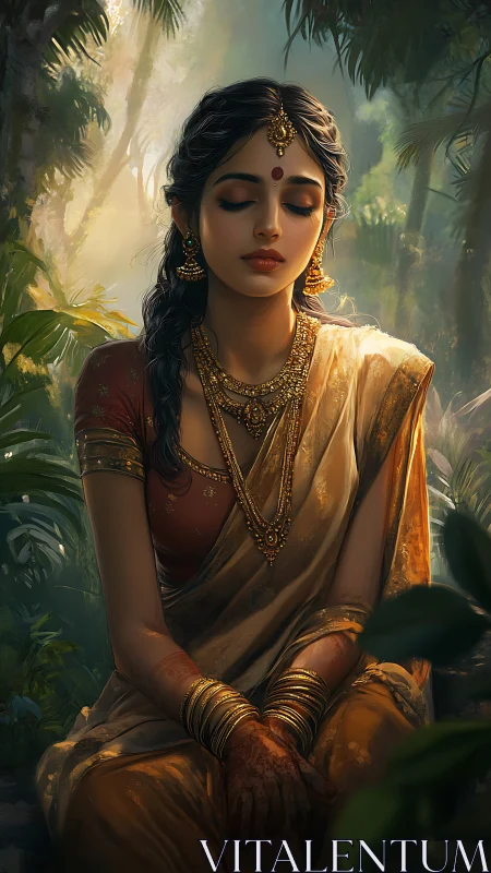 Regal woman in golden sari meditating in lush jungle light.