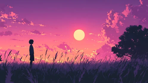 Silhouetted youth in violet sunset field horizon glow.