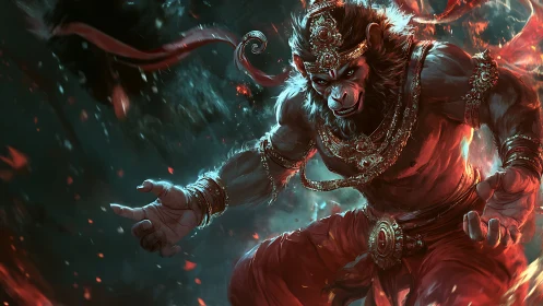 Mythic simian warrior rendered in dynamic chiaroscuro lighting motion