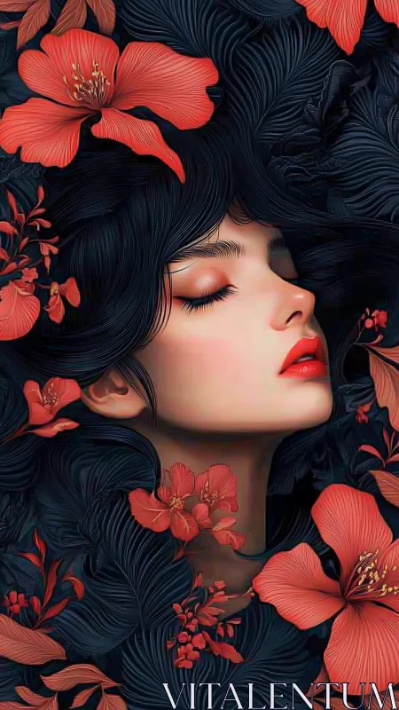 Profile portrait of woman with red flowers in dark hair.
