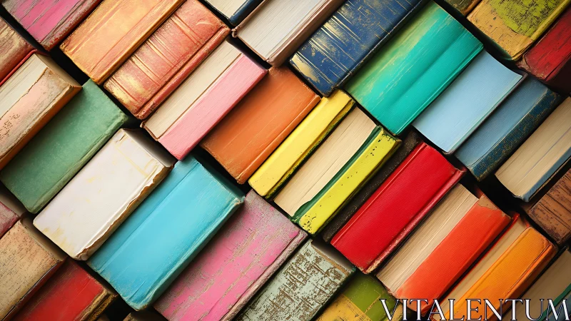Diagonal rows of colorful vintage books in tight grid pattern.