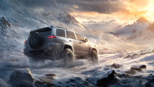 Off road SUV powers through stormy snowy mountain pass.