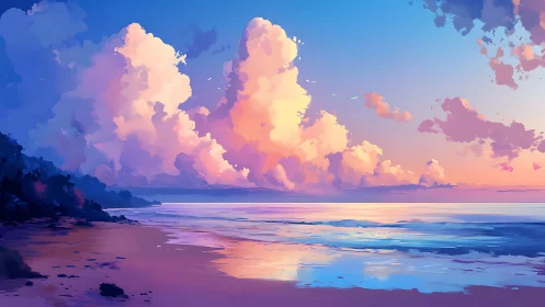 Sunlit cumulus clouds above tranquil painted shoreline.