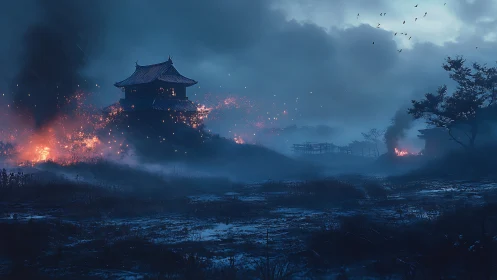 Burning Asian Temple Landscape at Dusk with Atmospheric Mist
