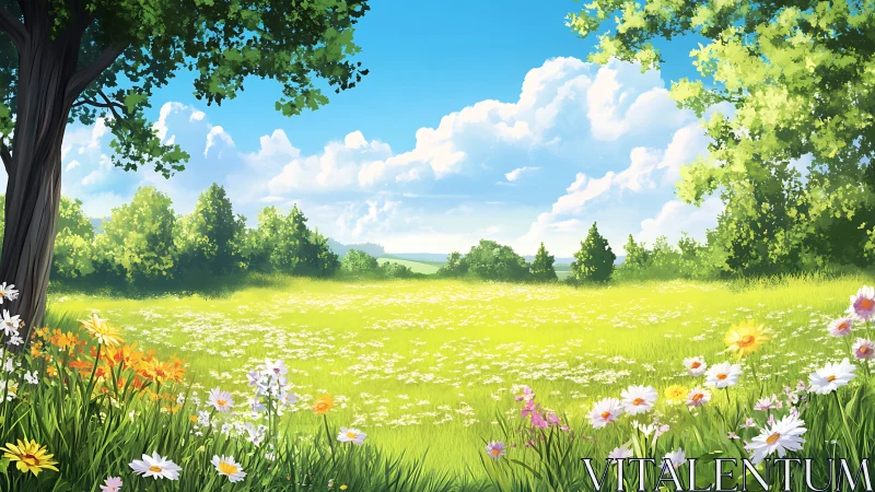 Sunlit wildflower meadow extends under cumulus-rich summer sky