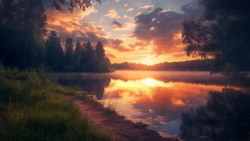 Sunset light reflects across calm forest lake water