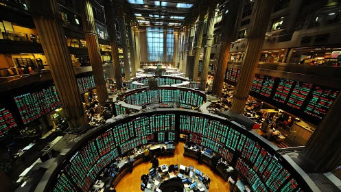 Global trading floor panorama with luminous ticker arcs.