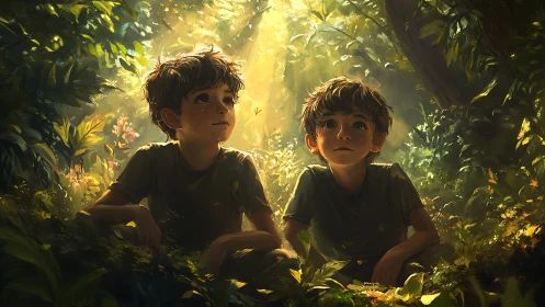 Young explorers discover wonder in golden forest light.