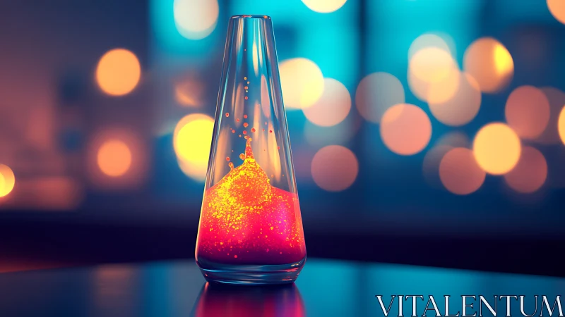 Luminous glass flask with neon bokeh and suspended glowing fluid