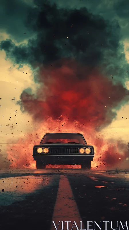 Muscle car accelerates through cinematic explosion plume with debris