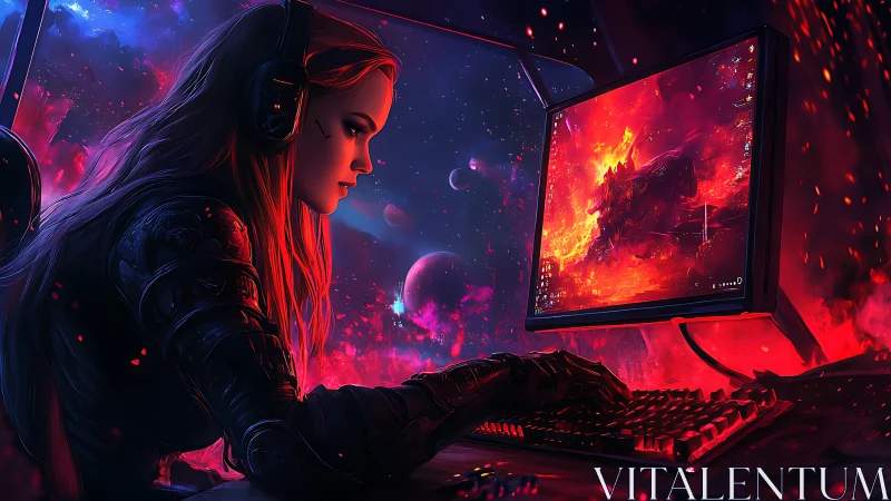 Starforged gamer queen locked in neon cosmic combat focus.