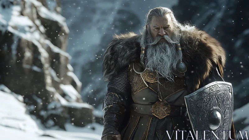 Photorealistic dwarven warlord in ornate winter armor design.