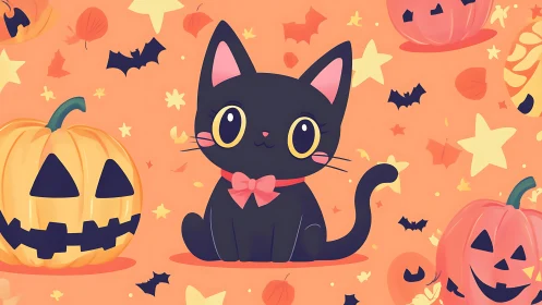 Halloween Black Cat With Pumpkins and Bats Illustration.