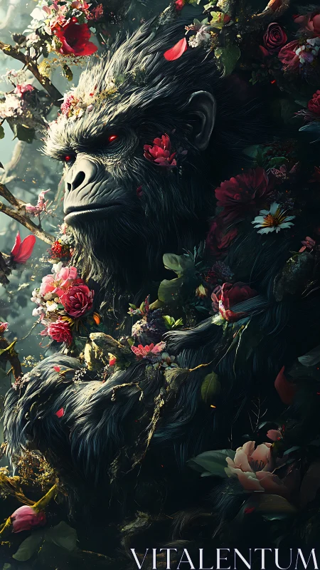 Gentle floral gorilla guardian resting in a dreamy forest.